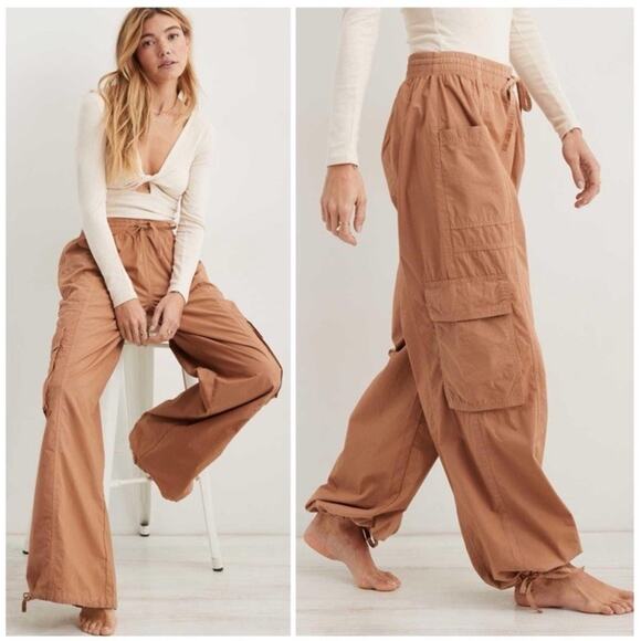 aerie Pants - Aerie High Waisted Go For It Baggy Cargo Pants Brown Tan NEW Womens Medium